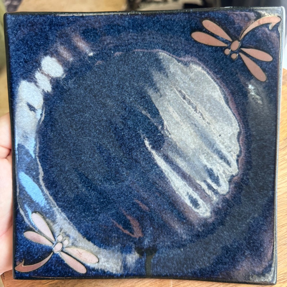 Blue Glazed Stoneware Square Plate with Dragonfly Accents 6.5 Inch Trinket Dish